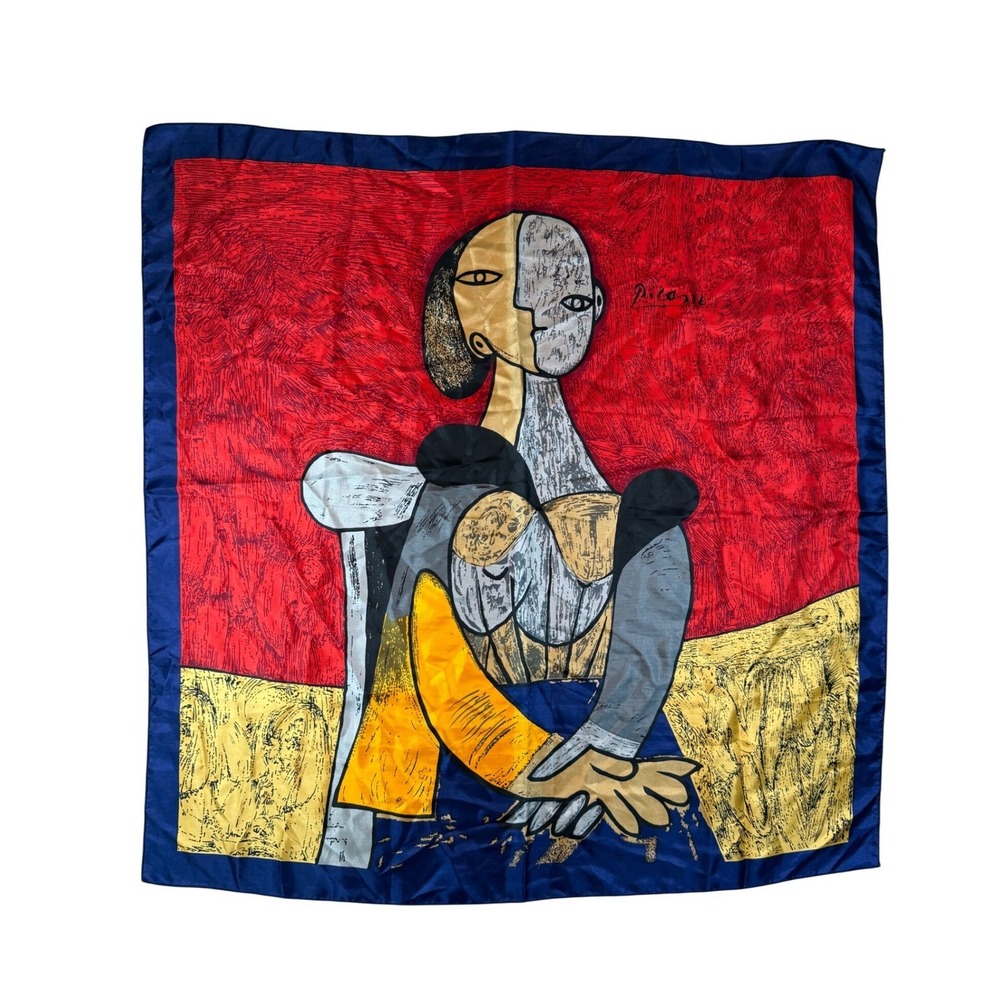 VTG Picasso Abstract Art Scarf Square 35" Red Blue Cubism Surrealism Masterpiece